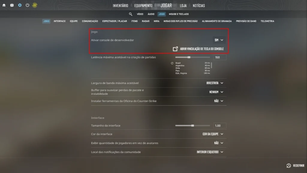 Configuração para ativar o console de desenvolvedor no CS2