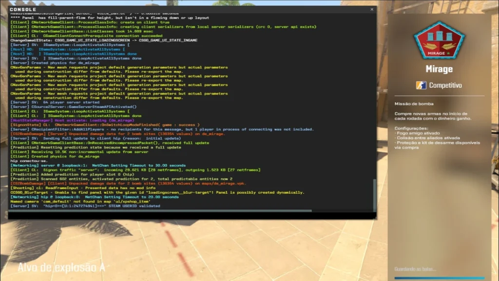 Console de desenvolvedor do CS2 aberto durante partida no mapa Mirage