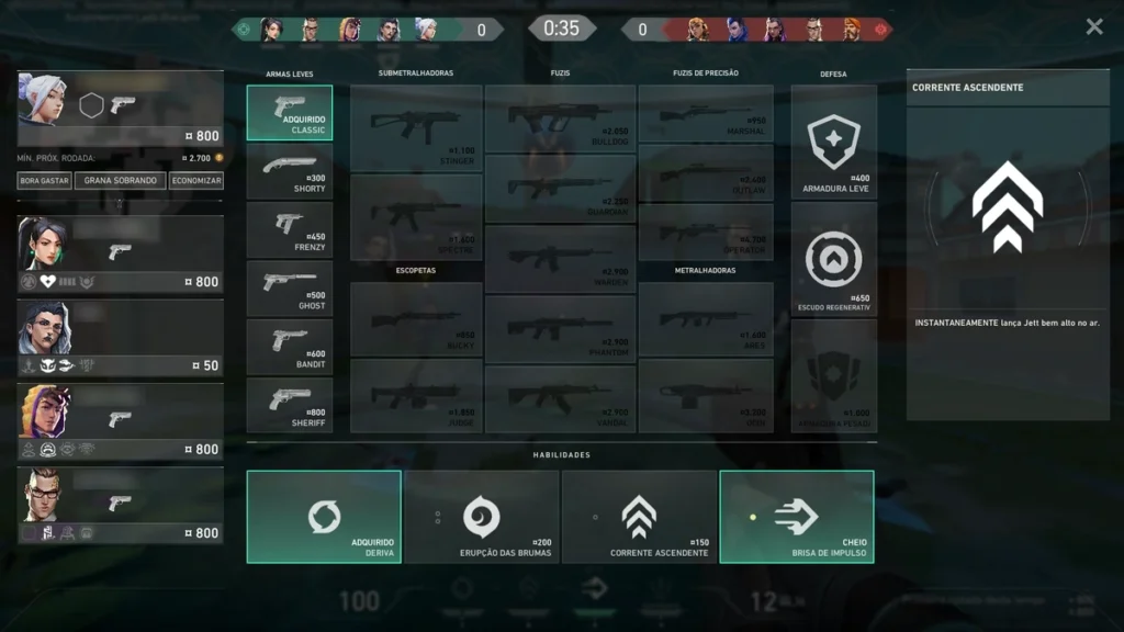tela de compras do Valorant na rodada de pistol com 800 créditos e preços de armas, escudos e habilidades