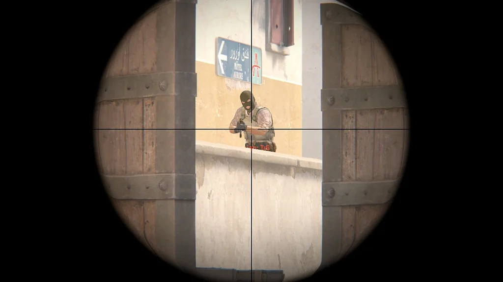 Mira de AWP nas Portas do Meio da Dust II no CS2 apontando para um TR no alto do Meio