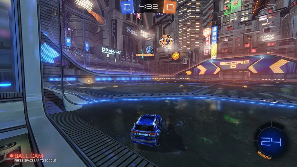 carro azul de frente para a bola em arena noturna do Rocket League