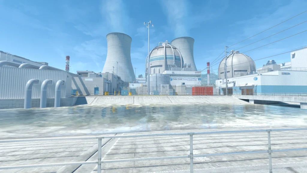 Como jogar na Nuke no CS2: callouts, smokes e táticas para TR e CT Mapa Nuke de Counter-Strike 2 com a usina nuclear Cedar Creek, torres de resfriamento, estruturas industriais e canal de água em um cenário diurno.