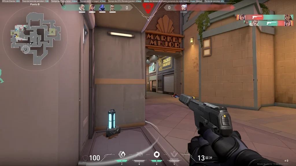 Spike plantada no bombsite B do mapa Sunset no Valorant